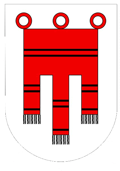 Das Wappen der Montforter orientiert sich am Wappen der Pfalzgrafen von Tbingen und zeigt eine rote Kirchenfahne mit drei Hngeln und drei Ringen auf silbernem Grund. 