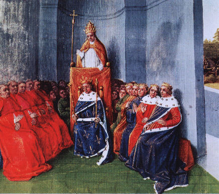 Miniatur 14. Jht.: Papst Urban II. ruft in Clermont vor dem versammelten Klerus und den Fürsten zum ersten Kreuzzug auf.