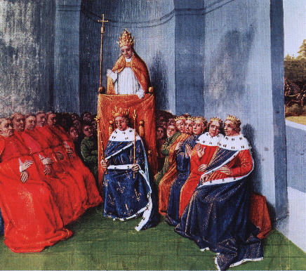 Miniatur 14. Jht.: Papst Urban II. ruft in Clermont vor dem versammelten Klerus und den Frsten zum ersten Kreuzzug auf.